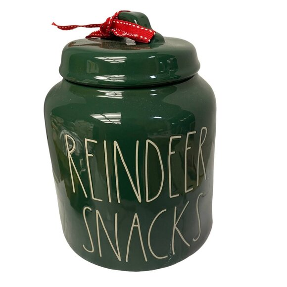 RAE Dunn REINDEER SNACKS Green Red Christmas Canister Artisan Collection 11x 5 - Picture 1 of 9
